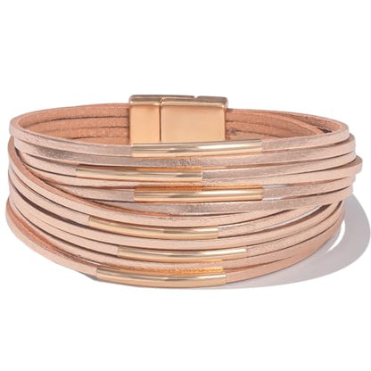 Gold Tube Leather Wrap Bracelets Boho Chunky Stackable Layered Western Cuff | Stacked Bohemian Cool Magnetic Clasp Bangles Statement Cowgirl Hippie Country Festival Accessories for Women Trendy - color: Rosy Metallic