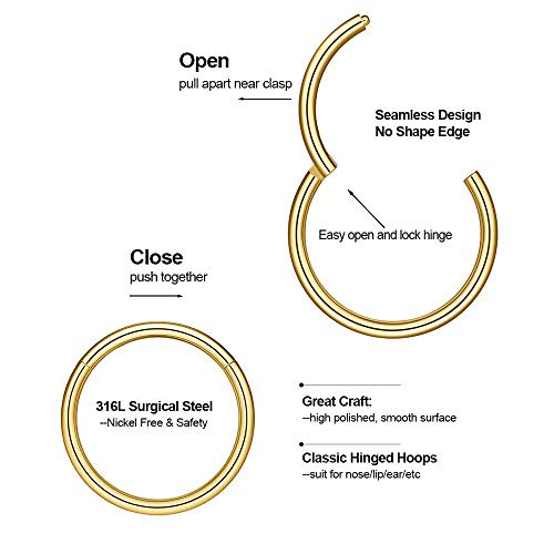 Nose Rings Hoop, 316L Surgical Steel 20G 18G 16G 14G Hypoallergenic Nose Rings Septum Cartilage Hoop Earring Conch Piercing Jewelry for Women, Diameter 5mm to 14mm, Gold, Rose Gold, Silver, Black - style: 1pcs, Gold, 18g, Diameter: 8mm