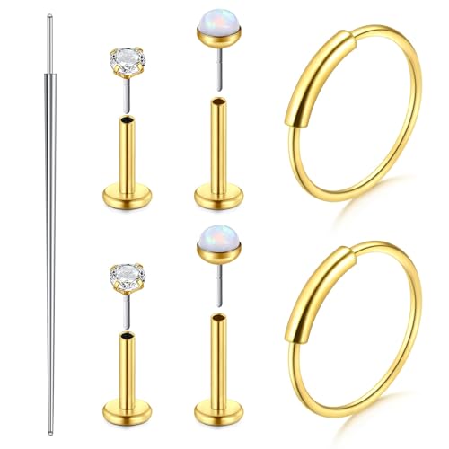 Zolure 18G/20G Flat Back Earrings Stud Threadless Nose Studs Surgical Steel Push in Earrings Tragus Cartilage Labret Helix Lip Conch Medusa Piercing Jewelry - color: 20G Gold #3