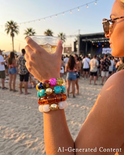 4 Pcs Chunky Beaded Bracelets for Women | Adjustable Colorful Resin Beads Bracelets Stretch Beaded Bracelet Boho Summer Beach Vacation Jewelry Gift - color: Color 2