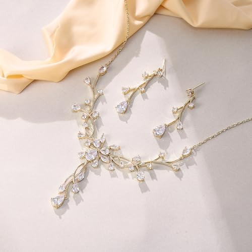 Crysdue Women's Wedding Bridal Jewelry Set for Brides Bridesmaids Cubic Zirconia Flower Leaf Vine Necklace Dangle Earrings for Prom Party - style: 37-gold