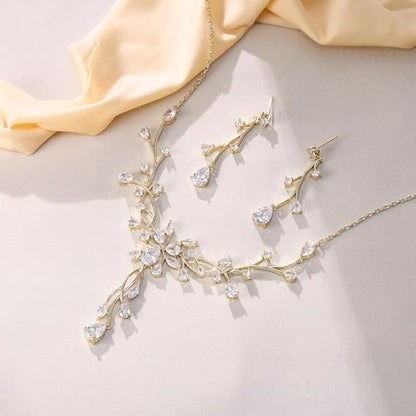 Crysdue Women's Wedding Bridal Jewelry Set for Brides Bridesmaids Cubic Zirconia Flower Leaf Vine Necklace Dangle Earrings for Prom Party - style: 37-gold