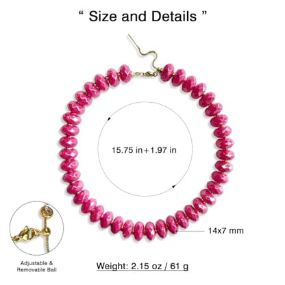 Colorful Chunky Acrylic Beaded Choker Necklaces for Women | Multicolor Faceted Beads, Sturdy Metal Chain, Adjustable Detachable, Lightweight, Summer Boho, Sparkly Statement Jewelry Gift - color: Rose Red