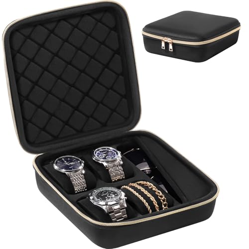 ProCase 4-Slot Travel Watch Case for Men, Hard Shell Storage Box -Black | Travel Watch Box for Watch Bracelet Sunglasses Accessories, Zippered Organizer Bag Fathers Day Gift for Dad - size: 4 Slots