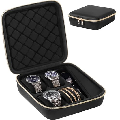 ProCase 4-Slot Travel Watch Case for Men, Hard Shell Storage Box -Black | Travel Watch Box for Watch Bracelet Sunglasses Accessories, Zippered Organizer Bag Fathers Day Gift for Dad - size: 4 Slots