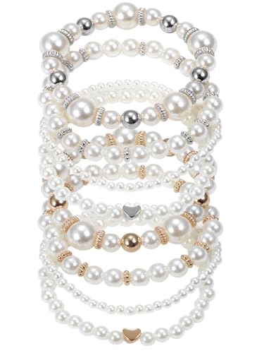 4/8 Pack Pearl Bracelets for Women Simulated Pearl Beaded Stackable Bracelet Set White Pearls Stretch Bracelet Set Multilayered Elastic Pearls Bracelets Bangles for Women Bridal Boho Jewelry - color: Gold Silver