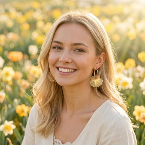 Dangle Flower Earrings for Women, 14K Gold Plated Lightweight Hollow Wire Statement Trendy Floral Hoop Earrings Jewelry Hypoallergenic