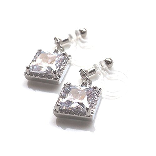 Drop Cubic Zirconia Invisible Clip On Earrings for Women Not Pierced Gold Teardrop Sqaure CZ Crystal Dangle Gold Silver Comfortable Clip On Earrings Bridal Wedding Prom - color: Square 1 Silver