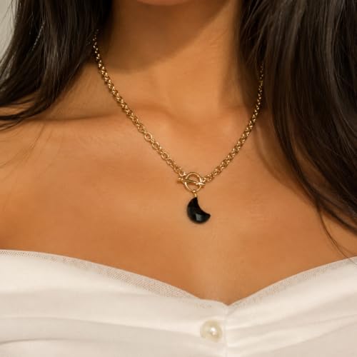 Kvekstio Black Obsidian Moon Necklace - Natural Crystal Crescent Pendant & Gold Toggle Clasp for Women, Gothic Celestial Energy Stone Necklace, Spiritual Protection Healing Jewelry for Her