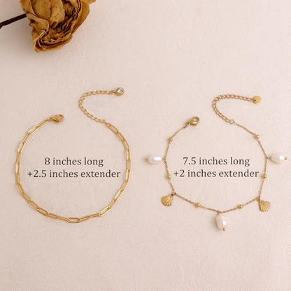 Dainty Gold Shell Pearl Ankle Bracelets for Women, Trendy Anklet Stack Charm Bracelet Adjustable Chain Summer Ocean Beach Accessories Fashion Jewelry Gift - color: Paperclip Chain