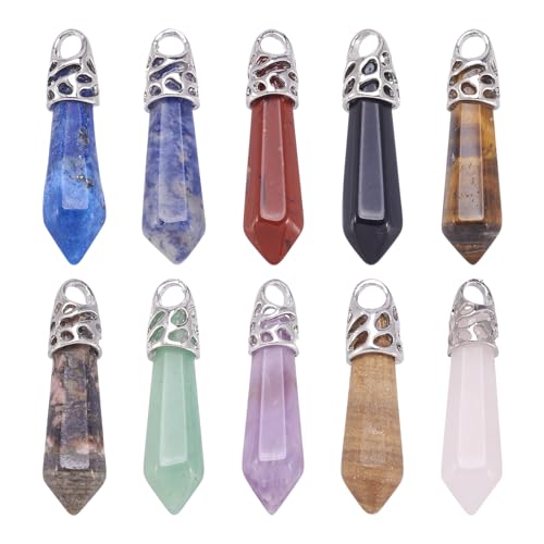 20Pcs Bullet Shape Gemstone Pendants Natural & Synthetic Random Mixed Hexagonal Chakra Crystal Pointed Quartz Charm with Platinum Alloy Loop 33~40x8~9mm for Necklace Earring Bracelet Making - color: 3-Mixed Color-Bullet