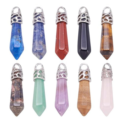 20Pcs Bullet Shape Gemstone Pendants Natural & Synthetic Random Mixed Hexagonal Chakra Crystal Pointed Quartz Charm with Platinum Alloy Loop 33~40x8~9mm for Necklace Earring Bracelet Making - color: 3-Mixed Color-Bullet
