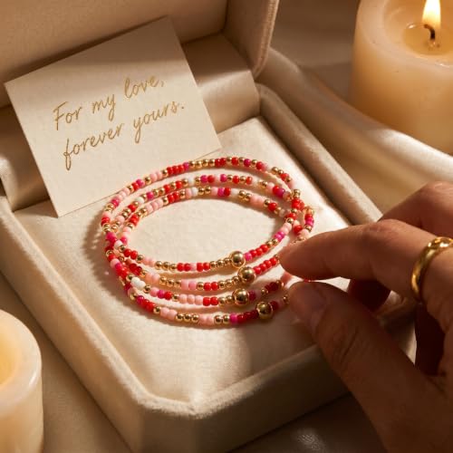 Seed Beaded Stack Bracelets Set for Women,Small Boho 4Pcs Colorful Handmade Dainty Trendy Gold Stretch Accessories Jewelry, Summer Daily Party Friendship Gift - color: Pink Red