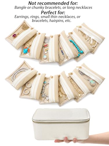 Hacaroa Large Travel Jewelry Case with 12 Velvet Pouches, 8.3 x 4.5 x 3.5 inches Jewelry Storage Organizer Box PU Leather, Clear Necklace Earrings Rings Bags for Women Wedding Gifts, Cream White