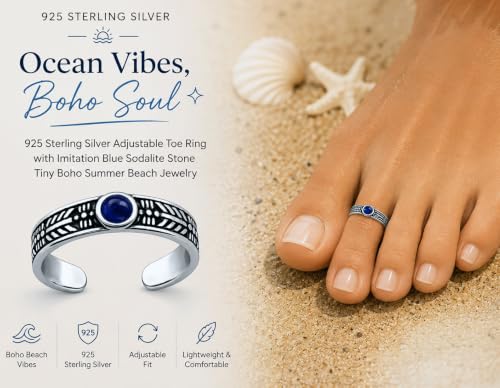 925 Sterling Silver Adjustable Toe Ring, Imitation-Blue-Sodalite-Stone, Tiny Boho Summer Beach Jewelry (Adjustable)