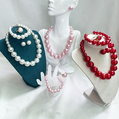 White Faux Pearl Necklace and Earrings Set Big Large Pearl Bead Ball Beaded Choker Necklace Black Pink Pearls Statement Bracelet Ring for Women - color: pink