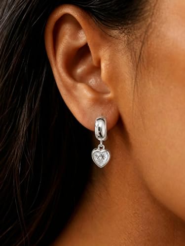 NIXMAX Trendy Gold Dangle Earrings for Women, Chunky Statement CZ Hoops | Bezel-Set Cubic Zirconia Charm, 14K Gold Plated, Lightweight Hypoallergenic Jewelry, Fashion Accessories, Gifts for Women - color: Silver-Chunky-heart hoops