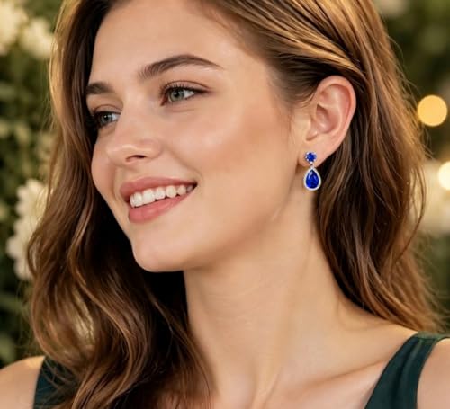 Drop Dangle Earrings Teardrop Gemstone Waterdrop White Gold Plated Crystal Hanging Cubic Zirconia Ruby Sapphire Emerald Jewelry Gift for Women Mother Wife - color: Sapphire