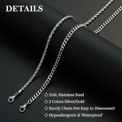 Layered Stainless Steel Chain Necklaces for Men Boys, 2Pcs Cuban Link/Rope/Herringbone Chains Jewelry Gifts, 16 "/18 ", 18 "/20 ", 20 "/22 ", 22 "/24 " - color: Silver, size: 22IN/24IN, style: Cuban/Rope Chain Set