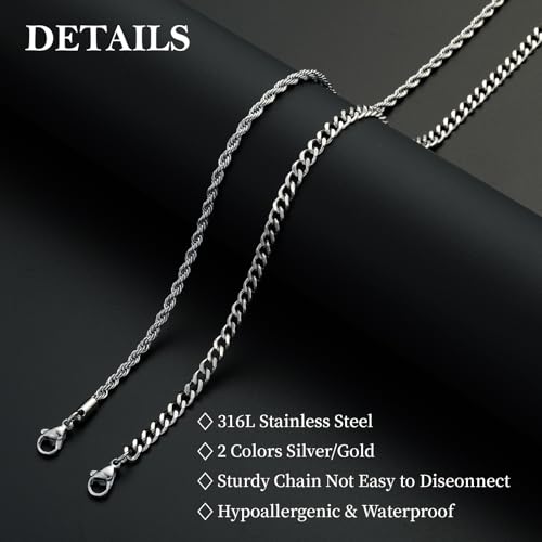 Layered Stainless Steel Chain Necklaces for Men Boys, 2Pcs Cuban Link/Rope/Herringbone Chains Jewelry Gifts, 16 "/18 ", 18 "/20 ", 20 "/22 ", 22 "/24 " - color: Silver, size: 16IN/18IN, style: Cuban/Rope Chain Set