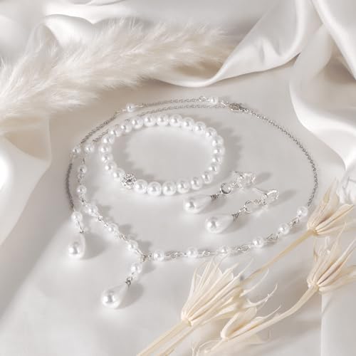 Raicegs Pearl Jewelry Set for Women Wedding Pearl Necklace Bracelet Earrings Set Bride Bridesmaid Dainty Jewelry Gift for Women - color: Backdrop chain