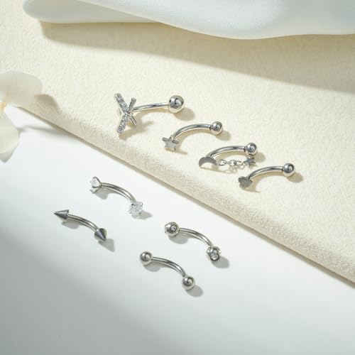 FECTAS 16G 8PCS Rook Piercing Jewelry Eyebrow Rings for Women Rook Earrings Tragus Daith Cartilage Lip Belly Surface Curved Barbell Piercing Jewelry 10mm 8mm - style: style3-8mm-silver