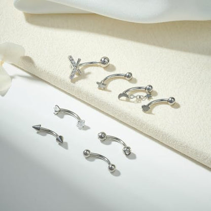 FECTAS 16G 8PCS Rook Piercing Jewelry Eyebrow Rings for Women Rook Earrings Tragus Daith Cartilage Lip Belly Surface Curved Barbell Piercing Jewelry 10mm 8mm - style: style3-8mm-silver