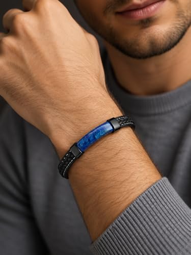 Mens Black Leather Obsidian/Turquoise/Tiger Eye/Red Agate Bracelet–Braided Multi‑Layer Wristband Cuff Bangle Bracelet with Stainless Steel Clasp Gift Jewelry Box Included - color: Style 2: Lapis Lazuli, size: 8.3in(Fits most wrists)
