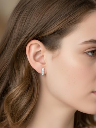 All Moissanites Sparkly Geometric Stud Earrings for Women, Solid 925 Sterling Silver with Rhodium/Gold Plated Hypoallergenic, Lightweight Comfy Earrings - color: Bar - White Gold