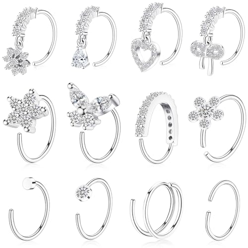 BSJ4U Hoop Nose Rings for Women Nose Piercings 20G Stainless Steel Nose Rings Hoops Heart Butterfly Flower Bow Teardrop Double Nose Hoops Gold Plated Silver Pink Clear CZ Nose Piercing Jewelry - color: Silver Clear Nose Rings