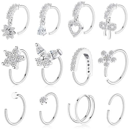 BSJ4U Hoop Nose Rings for Women Nose Piercings 20G Stainless Steel Nose Rings Hoops Heart Butterfly Flower Bow Teardrop Double Nose Hoops Gold Plated Silver Pink Clear CZ Nose Piercing Jewelry - color: Silver Clear Nose Rings