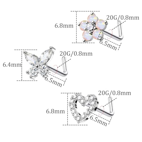 20G 3PCS Nose Ring Studs 316L Heart Nose Rings Nose Studs Butterfly and Flower Nose Stud Surgical Steel CZ L-Shaped Piercing Jewelry - color: Silver