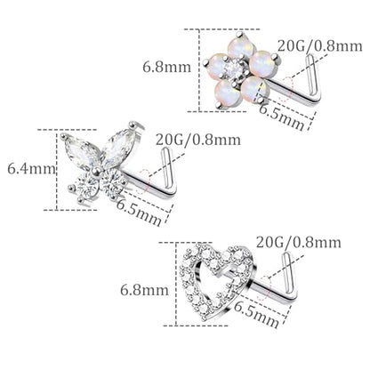 20G 3PCS Nose Ring Studs 316L Heart Nose Rings Nose Studs Butterfly and Flower Nose Stud Surgical Steel CZ L-Shaped Piercing Jewelry - color: Silver