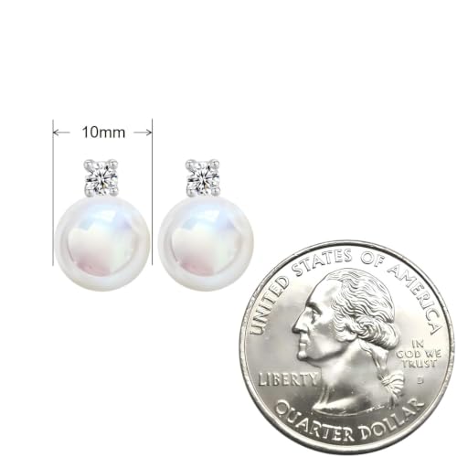 Faux Pearl Cubic Zirconia Stud Earrings, Hypoallergenic Lightweight Round Pearl Studs for Women - color: Pinkish White, size: Pearl 10mm-CZ 3mm