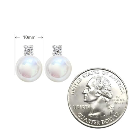 Faux Pearl Cubic Zirconia Stud Earrings, Hypoallergenic Lightweight Round Pearl Studs for Women - color: Pinkish White, size: Pearl 10mm-CZ 3mm