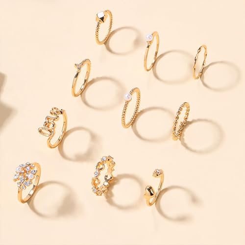 HUASAI Gold Stackable Rings Set for Women Boho Dainty Moon Star Pearl Leaf Cubic Zirconia Heart Midi Pinky Trendy Jewelry Birthday Gifts - color: K Gold Rings 10 Pcs