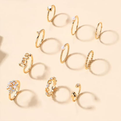 HUASAI Gold Stackable Rings Set for Women Boho Dainty Moon Star Pearl Leaf Cubic Zirconia Heart Midi Pinky Trendy Jewelry Birthday Gifts - color: K Gold Rings 10 Pcs
