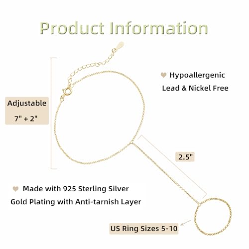 Kakikaki 925 Sterling Silver Finger Ring Bracelet Hand Chain for Women | Slave Bracelets 7" to 9" Adjustable - color: Gold, style: No Diamond
