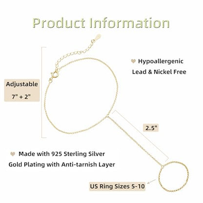 Kakikaki 925 Sterling Silver Finger Ring Bracelet Hand Chain for Women | Slave Bracelets 7" to 9" Adjustable - color: Gold, style: Satellite Chain
