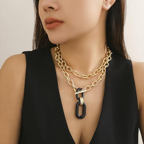 Layered Chunky Gold Silver Necklace Big Cuban Chain Statement Necklace Stacked Punk Chain Choker Necklaces for Women Trendy Jewelry Birthday Gifts - color: 03 Gold Black