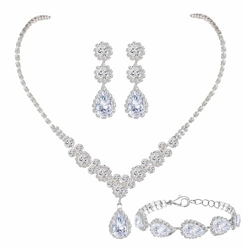 Paxuan Silver/Gold Rhinestone Crystal Wedding Bridal Bridesmaids Earrings Bracelet Set for Women Brides Bridesmaids Crystal Rhinestone Bracelet Earrings Set for Wedding Bridal Prom Pageant - color: Style2 - Necklace + Earrings + Bracelet(Silver Plated Whi