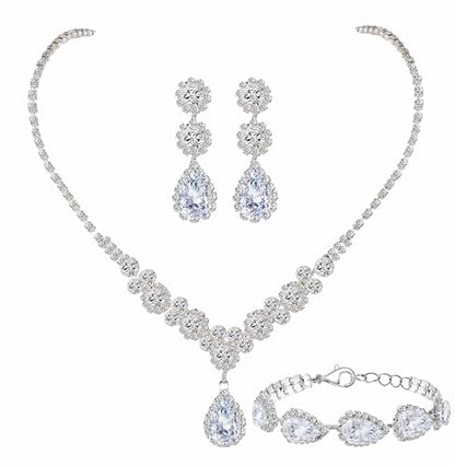 Paxuan Silver/Gold Rhinestone Crystal Wedding Bridal Bridesmaids Earrings Bracelet Set for Women Brides Bridesmaids Crystal Rhinestone Bracelet Earrings Set for Wedding Bridal Prom Pageant - color: Style2 - Necklace + Earrings + Bracelet(Silver Plated Whi