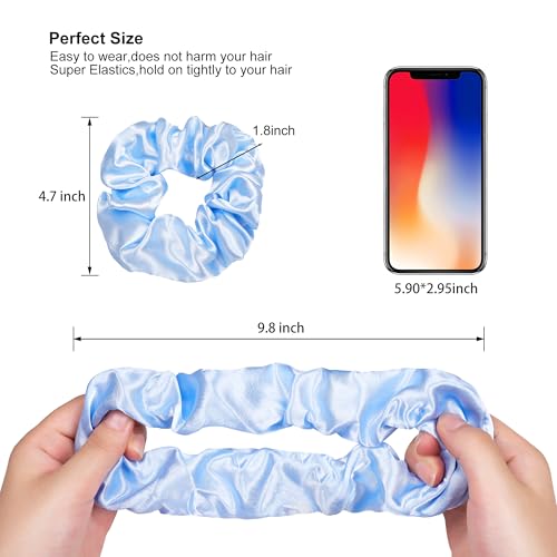 16 Pcs Satin Blue Hair Ties and Ponytail Holders - Big Scrunchies for Women's Thick Curly Hair, No Crease or Damage, Cute Pony Tails for Girls - color: Bright Blue
