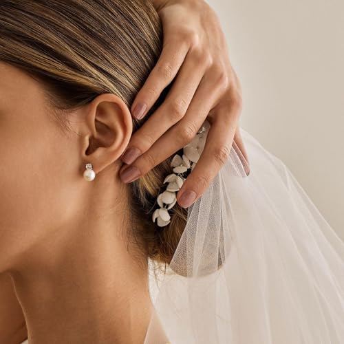 WFYOU Pearl Earrings for Women 925 Sterling Silver Stud Earring | 14K Gold Plated Hypoallergenic Stud Earrings, White Diamond Dainty Bridal Earring, Trendy Jewelry, Wedding Party Gifts - color: Silver B, size: 7mm