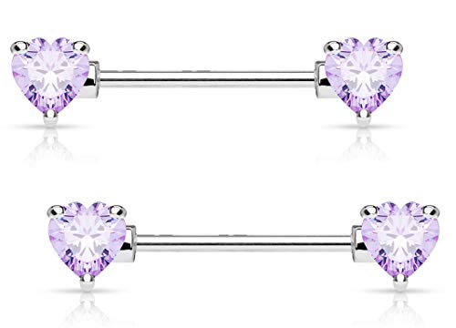 Forbidden Body Jewelry Pair of Surgical Steel 1/2-5/8 Inch (12-16mm) Cubic Zirconia Crystal Double Heart Nipple Barbells - style: Lavender