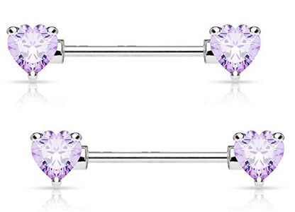Forbidden Body Jewelry Pair of Surgical Steel 1/2-5/8 Inch (12-16mm) Cubic Zirconia Crystal Double Heart Nipple Barbells - style: Lavender