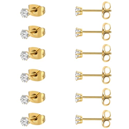 MDFUN 6 Pairs Stud Earrings Sets 3-8MM 18K Gold Plated Round 5A+ Cubic Zirconia Earrings Hypoallergenic CZ 6 Prong Ears Jewelry for Women - color: 3MM-Yellow Gold