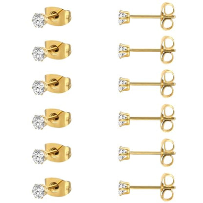 MDFUN 6 Pairs Stud Earrings Sets 3-8MM 18K Gold Plated Round 5A+ Cubic Zirconia Earrings Hypoallergenic CZ 6 Prong Ears Jewelry for Women - color: 3MM-Yellow Gold