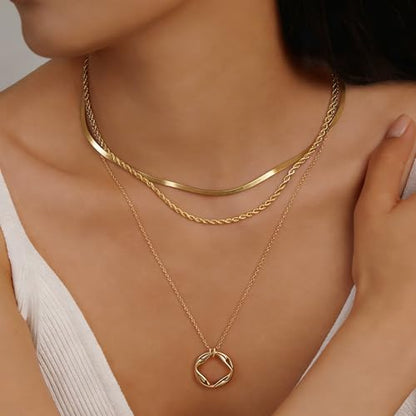 Evabelle Gold Layered Necklace for Women Trendy Jewelry 14K Real Gold Plated Chunky Chain Stackable Necklaces Dainty Choker Necklaces Rectangle Square Pendant - color: Gold Necklace 03