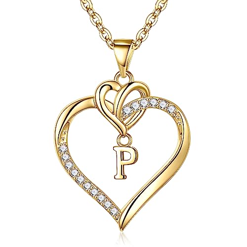 STORUP Heart Initial Necklaces for Women Girls, Initial A-Z Heart Necklace | 14K-Gold-Plated, Initial Heart Necklaces for Teen Girl Jewelry, Anniversary Birthday Gifts for Girls Women Her Wife Mom - color: Gold, style: P